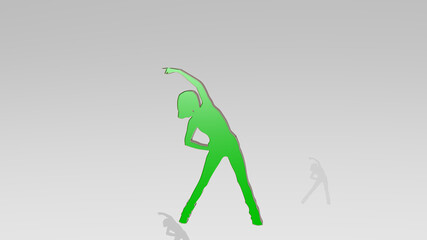 Fototapeta premium woman doing exercise from a perspective on the wall. A thick sculpture made of metallic materials of 3D rendering. beautiful and young