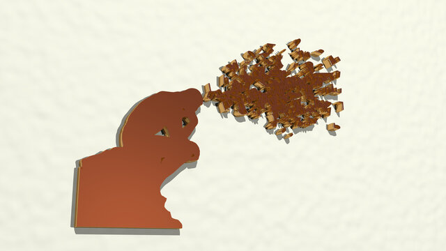 man with thoughts in letters from a perspective on the wall. A thick sculpture made of metallic materials of 3D rendering. concept and illustration