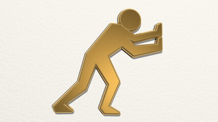 PUSHING from a perspective on the wall. A thick sculpture made of metallic materials of 3D rendering. illustration and business