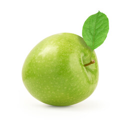 Ripe green apple with leaf isolated on a white background