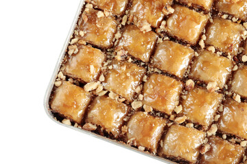 Traditional Dessert Turkish Baklava. Walnut, Pistachio Turkish Style Antep Baklava Presentation. Baklava from Turkish cuisine.