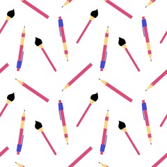 Pattern consisting of Stationery items on white background. Pencil, pen, brush for office. Vector illustration. Isolated clipart. Pink pencil, pen and brush. Set for website design, stationery store