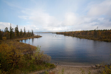 Terabika lake landscape in autumn season, Murmansk, Russia