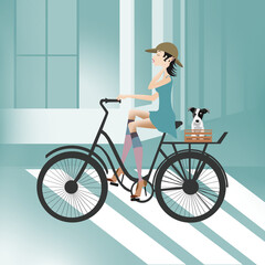 Fototapeta na wymiar A woman rides a bike, a small dog on the banding strip, beautiful illustration, city ​​background