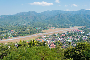 Fototapeta na wymiar Mae Hong Son Airport view from Wat Phrathat Doi Kongmu in Mae Hong Son, Thailand.