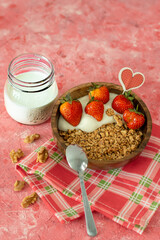 homemade granola with yoghurt and  strawberries