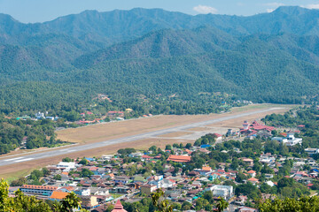 Fototapeta na wymiar Mae Hong Son Airport view from Wat Phrathat Doi Kongmu in Mae Hong Son, Thailand.