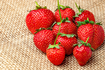 Strawberry. Sweet juicy organic strawberries on burlap.