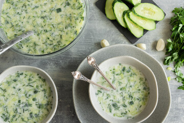 Summer refreshing cold yogurt soup, healthy meal with fresh raw vegetables and dairy ingredients