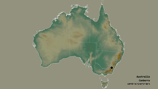 Queensland, state of Australia, with its capital, localized, outlined and zoomed with informative overlays on a relief map in the Stereographic projection. Animation 3D