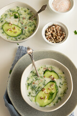 Summer refreshing cold yogurt soup, healthy meal with fresh raw vegetables and dairy ingredients