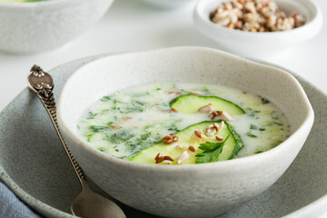 Summer refreshing cold yogurt soup, healthy meal with fresh raw vegetables and dairy ingredients