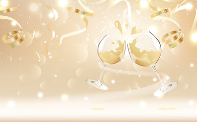 Celebration background, Holiday party, Champagne concept, gold glitter with ribbons and stars vector illustration