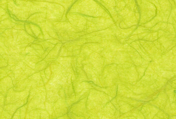Close up view of hand crafted bright green mulberry paper background with inclusions of natural fibers. Extra large highly detailed image.