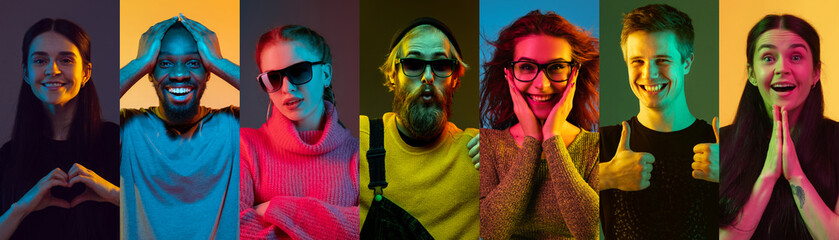 Portrait of people on multicolored studio background in neon light. Flyer, collage of 6 models....