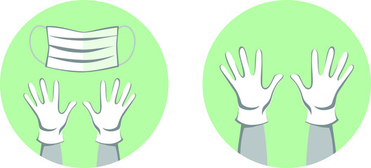 A sign about the use of protective mask and gloves on a green background. Hand and breath protection symbol