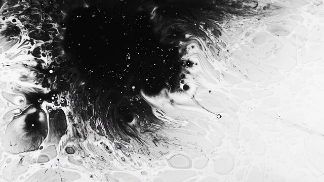 Grunge abstract background. Surreal eternity. Black white paint splatter blend flow.