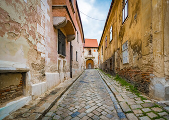 Narrow streets of the old town area in Bratislava, Slovakia.