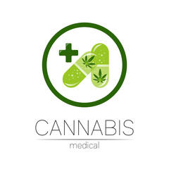 Cannabis in the 2 tablet pill capsule with circle vector logotype for medicine and doctor. Medical marijuana symbol. Pharmaceuticals with plant and leaf for health. Concept sign of green herb. Green