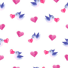 Watercolor seamless pattern with birds and hearts. Romantic theme, white background, isolate.