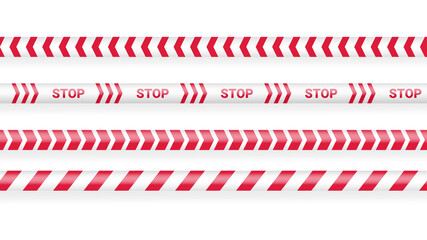 Red police tape, crime danger line. Caution police lines isolated. Warning tapes. Set of red warning ribbons. Vector illustration on white background.