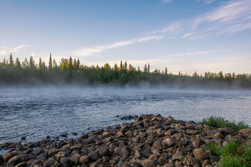 Morning fog on The Ounasjoki River, Levi, Lapland, Finland