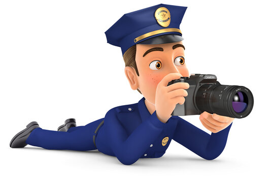3d policeman lying down with camera