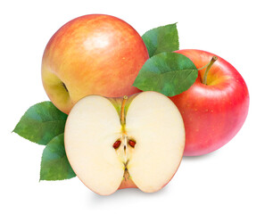 Sweet Red apple with leaves isolated on white background, Red apples isolated on white background. With clipping path.