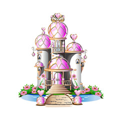 Pink princess castle with magic crystals, hearts and towers. Vector illustration isolated on a white background.
