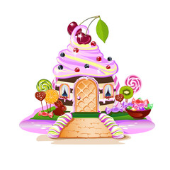 Sweet house on candy land. Fairytale house surrounded by sweets, candies and fruits. Pink river and a sweet bridge. Vector illustration on a white background.