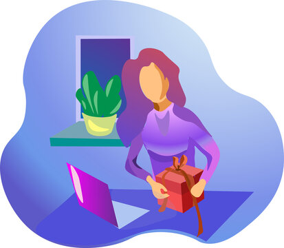 Internet Marketing. Beautiful woman opens present  box online in front of laptop. Business cartoon concept, online celebration. Creative color holographic illustration flat design in modern style