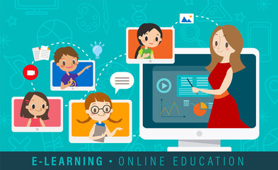 Fototapeta na wymiar E-learning online education concept illustration. Online teacher on computer monitor. Kids studying at home via internet.