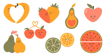 Set of cute fruits.Collection of love fruits for Valentine s day.Apple, pear, watermelon, cherry, lemon, strawberry, avocado, banana. Valentine s day card. Fruit isolated on a white background. Vector