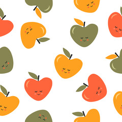 Seamless background with cute apples. Vector illustration with fruit lovers. background, home decor, poster. background with apples for printing on clothes, bags. Isolated on a white background.