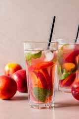Cold peach tea with mint. Cold drinks. Healthy eating. Vegetarian food.