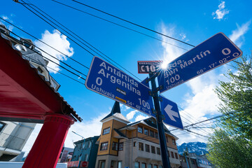 Street signs, Ushuaia city, Tierra del Fuego archipelago, Argentina, South America, America