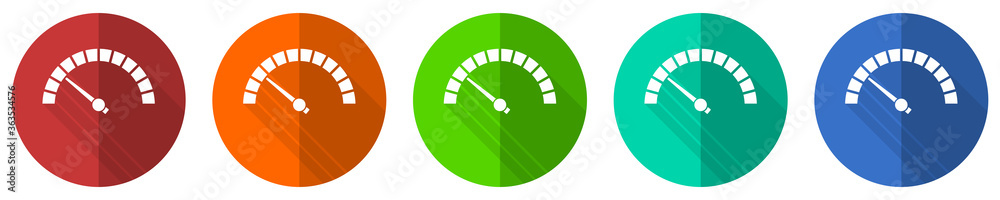 Poster speed meter icon set, fast indicator, red, blue, green and orange flat design web buttons isolated o