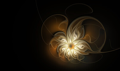 Fractal glowing golden brown flower on a black background