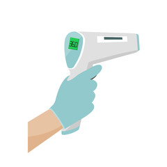 Hand holding Digital Infrared Thermometer or thermometer gun for check forehead temperature. Measurement scan from Coronavirus Disease or COVID-19. Vector illustration