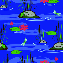 Seamless vector pattern with rocks and dragonfly's in bond. Simple lake wallpaper design on blue background. Cute water fashion textile.