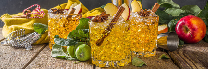 Apple cider cocktail with spices . Traditional fall and winter cold beverage