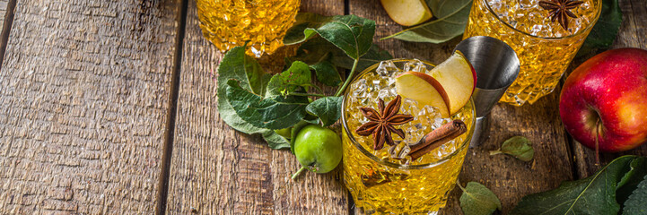 Apple cider cocktail with spices . Traditional fall and winter cold beverage