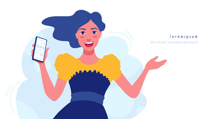 A cute girl standing, showing a screen of a smartphone in her hand, smiling. Mobile phone advertise. A woman showing a phone display. Banner advertisement template with copy space for text.