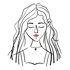 Acne, inflammation, eczema. Problem skin. Dermatology, cosmetology. Young girl with curly hair, puffy lips, decoration on her neck on white isolated background. Torso. Abstract sketch in black lines.