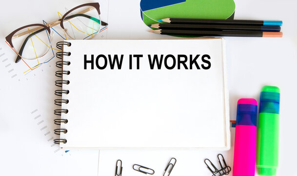 The concept of working from home: on the table a white notebook with the inscription how it works, next to the highlighters, glasses, pencils.
