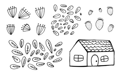 Small house surrounded by flowers. Hand drawn doodle illustration. Relaxing art therapy. Simple floral elements isolated on white background