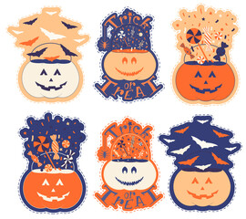 Nice pumpkin set for halloween. Sticker pack with pumpkin trick or treat bucket filling with sweets and bats. Hand drawn vector illustration.