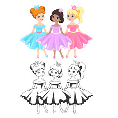 Beautiful princess in a crown and a puffy dress and outlined picture for coloring book on white background. Cute little fairy girl. Vector illustration.