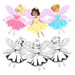 Beautiful princess in a crown and a puffy dress and outlined picture for coloring book on white background. Cute little fairy girl. Vector illustration.