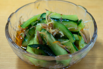 Salted cucumber served as a side dish in Japan